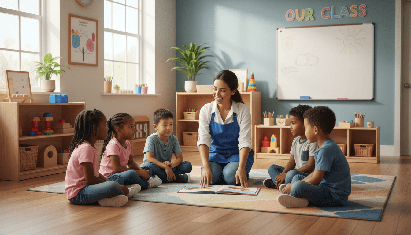 Early childhood teacher engaging with preschool children in a bright, welcoming Australian classroom